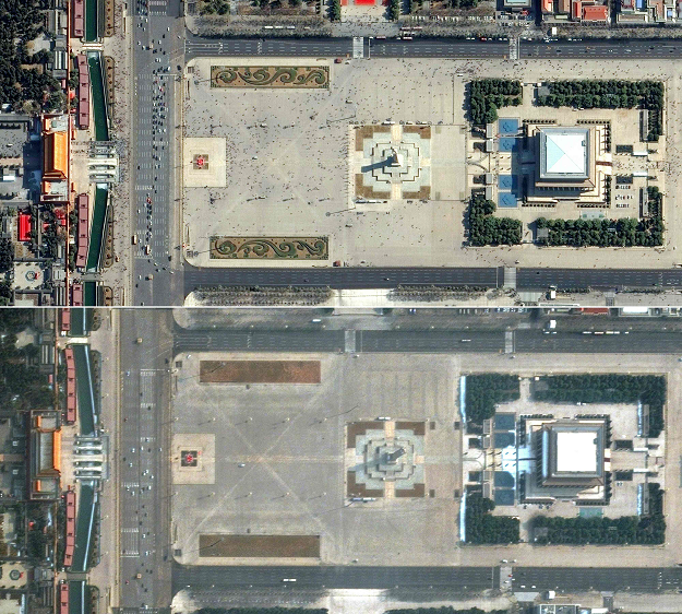 This combination of pictures created on March 5, 2020 using handout images released on March 5, 2020 by Maxar Technologies shows pedestrians and cars in Tiananmen Square in Beijing, China, on February 21, 2019 (top) and an almost empty square on February 11, 2020, during the novel coronavirus outbreak. PHOTO: AFP