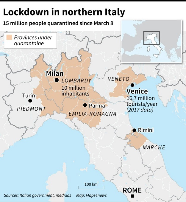 Lockdown in northern Italy. PHOTO: AFP 