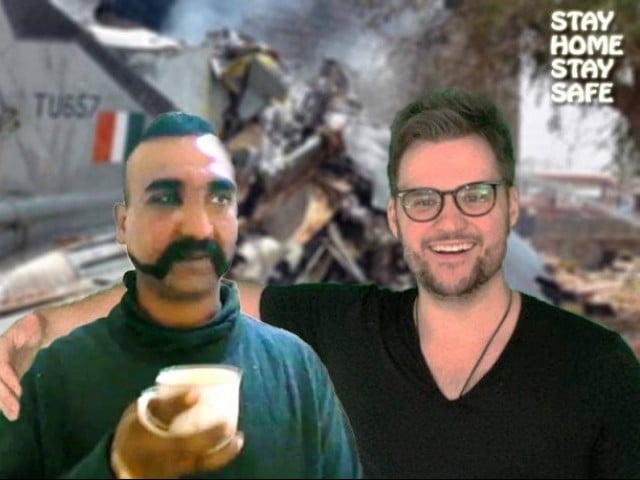 Edited photo shows the smiling US comic and the Indian pilot sipping tea with the caption 'stay home, stay safe'.PHOTO: TWITTER/(@JeremyMcLellan)