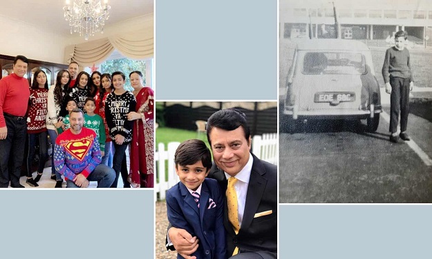 PHOTO: Nazir Awan at home with his family at Christmas, with his grandson, and at age 14. Composite: handouts